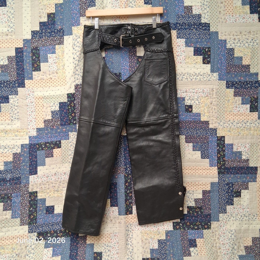 Interstate Leather Motorcycle Chaps Black Leather Biker Riding Braided Trim Men